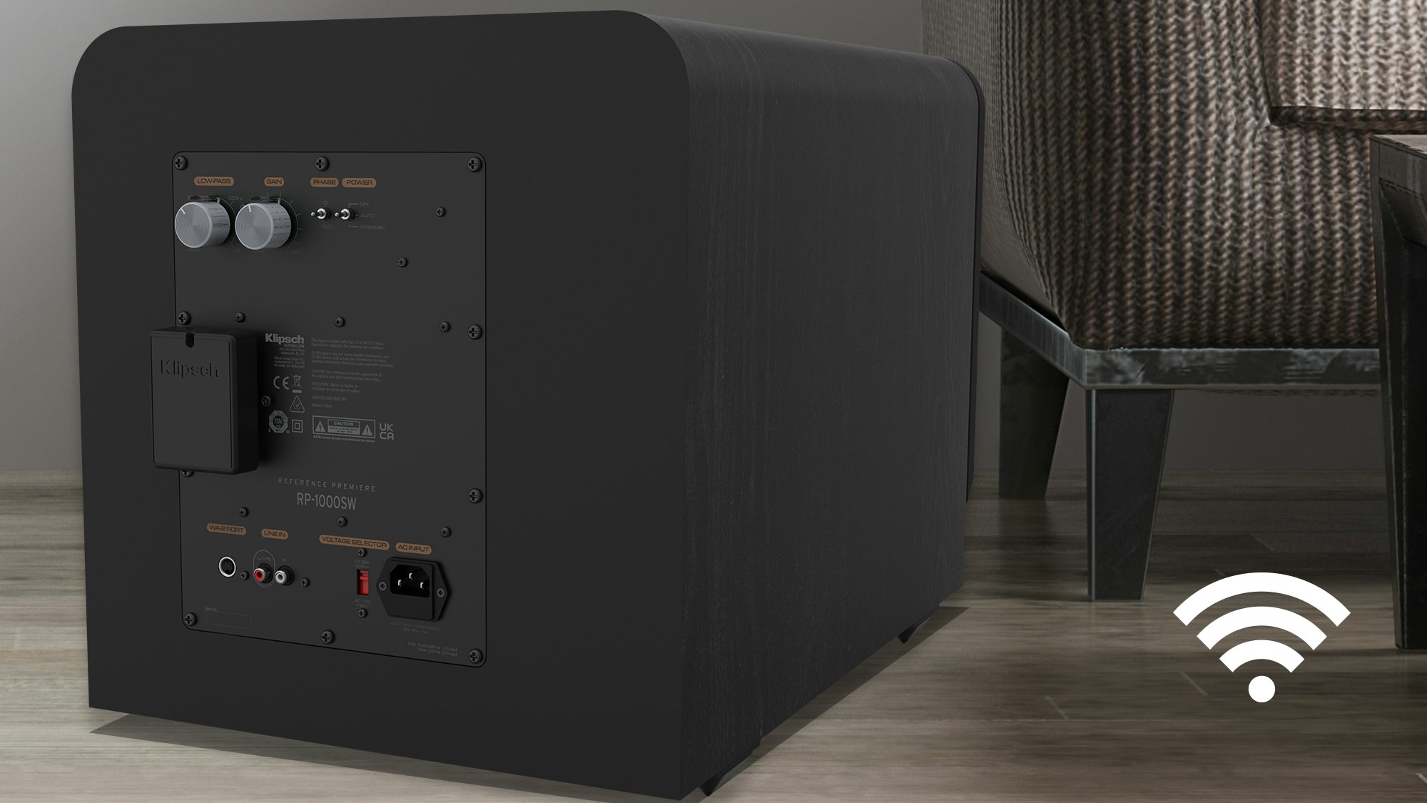 Rear view of a RP 1000 SW with a WA 2 Wireless Subwoofer Kit installed